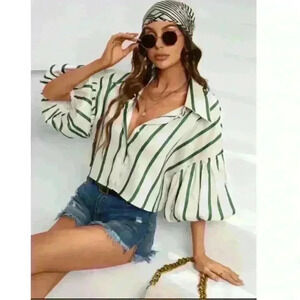 SHEIN Lantern Sleeve Striped Print Shirt size M ivory- green